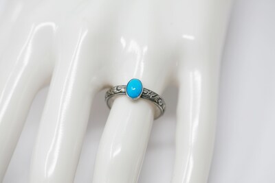 Oval Sleeping Beauty Turquoise Ring Vine Pattern Vintage Silver by Salish Sea Inspirations - image2